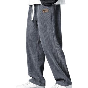 Men's Baggy Pants Tie Front Drawstring Waist Corduroy Pants Casual Loose Straight Leg Pants Trousers