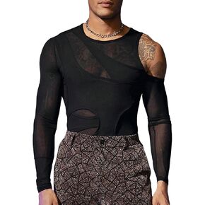 COZYEASE Men's Cold Shoulder Hollow Out Long Sleeve Mesh Tee Slim Fit Sheer Asymmetrical Neck T Shirt Clubwear