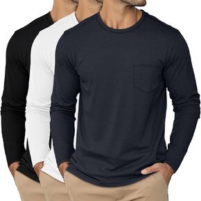 Ficerd 3 Pack Men's Long Sleeve Tshirts, Crew Neck Regular Fit Tops Knitted Shirts with Pocket Casual Athletic Breathable Tee