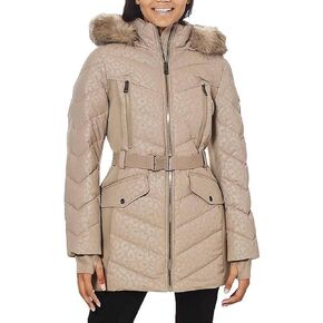 Michael Michael Kors Women's Logo Lepaord Belted Hood Puffer Coat Taupe Animal (xl) in Kuwait