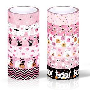 Whaline 12 Rolls Halloween Washi Tape Pink Cute Halloween Cartoon Pumpkin Ghost Boo Decorative Masking Tape for Scrapbook Journal DIY Art Craft Gift Wrapping