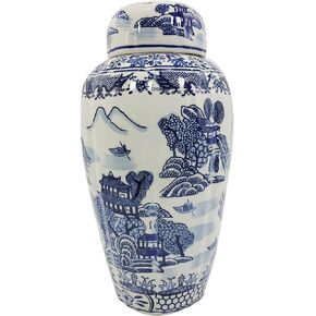 Galt International 16" Blue and White Urn Style Ceramic Porcelain Ginger Jar Classic Temple Landscape Design Home Decor