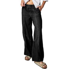 Mafulus Women's Wide Leg Jeans Elastic High Waisted Baggy Jeans Loose Fit Seemed Front Denim Pants
