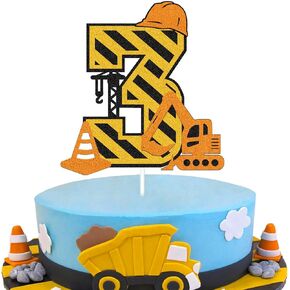 Construction 3rd Birthday Cake Topper for Kids Boy Girl Truck Excavator Forklift Dump Bulldozer Road Roller Engineering Themed Three Year Old Happy Birthday Party Supplies