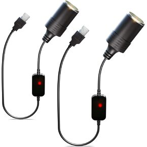 محول USB إلى 12 فولت، 2 حزمة QC3.0 USB إلى 12 فولت محول ولاعة السجائر شاحن سريع USB A ذكر إلى 12 فولت كابل مقبس ولاعة السجائر أنثى لكاميرا Dashcam GPS Power Bank LED شرائط الضوء