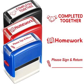 XunYee 3 Pcs Rectangular Teacher Stamp Self Inking Includes Homework, Completed Together, Please Sign & Return Stamp, Refillable Teacher Stamps for Teacher School Classroom Business Office, Red Ink