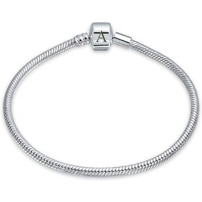 Initial Personalize Amulet Talisman Infinity Symbol Initial Snake Chain Starter European Charm Bangle Bracelet For Women Teens .925 Sterling Silver Heart, Round or Ball Barrel Clasp Customizable
