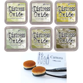 Tim Holtz Ranger Distress Oxide Ink, 6 Shades of Green, Shabby Shutters, Old Paper, Crushed Olive, Bundled Sage, Peeled Paint, Forest Moss, 6 Inks, 2 Carnora Ink Blending Brushes, 8 Item Bundle