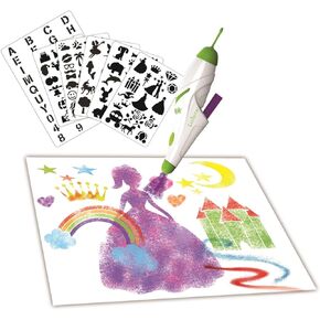 LEXIBOOK Aerograph Air Marker Sprayer, Spray Art Electric Airbrush Marker Set, Magic Pen Coloured Markers Stencils Children Toy Christmas Gift, Marker Sets For Kids, Green/White, CR800