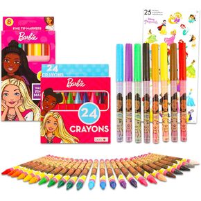 Disney Barbie Coloring Set for Girls - Bundle with 8 Barbie Markers and 24 Barbie Crayons for Coloring, Crafts, Drawing, and More Plus Stickers | Barbie School Supplies for Kids