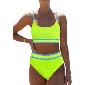 popvil Women's Neon High Waisted Bikini Ribbed Color Block Two Piece Swimsuit High Cut Adjustable Straps Bathing Suit
