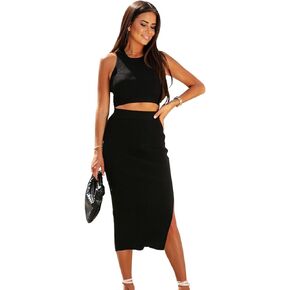 Two Piece Sets for Women Going Out-Summer 2 Piece Bodycon Maxi Skirt Sets Knit Cropped Tank Top and Skirt with Slit