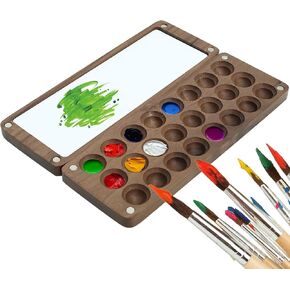 Paint Tray Palettes, 16-Well Wooden Palette Box with Lid, Portable Sketchbook Palette, Watercolor Paint Palette for Drawing, Travel Paint Case, Gift for Painters Artists (E)