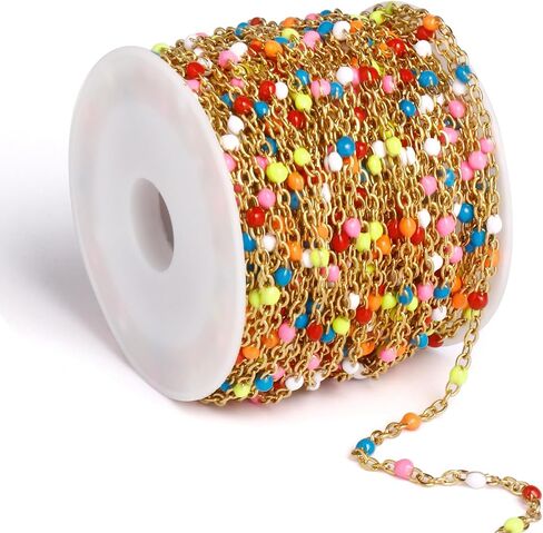 33 Feet Gold Enamel Chains Bulk, 2mm 18K Gold PVD Plated 304 Stainless Steel White Enamel Beaded Cable Link Chain Roll Spool for Jewelry Making in Kuwait