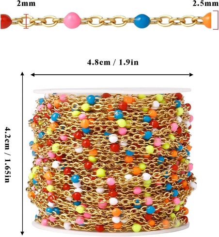 33 Feet Gold Enamel Chains Bulk, 2mm 18K Gold PVD Plated 304 Stainless Steel White Enamel Beaded Cable Link Chain Roll Spool for Jewelry Making in Kuwait