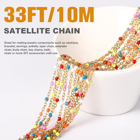 33 Feet Gold Enamel Chains Bulk, 2mm 18K Gold PVD Plated 304 Stainless Steel White Enamel Beaded Cable Link Chain Roll Spool for Jewelry Making in Kuwait