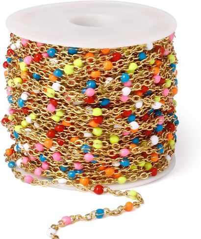 33 Feet Gold Enamel Chains Bulk, 2mm 18K Gold PVD Plated 304 Stainless Steel White Enamel Beaded Cable Link Chain Roll Spool for Jewelry Making in Kuwait