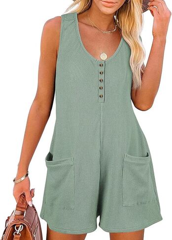 AlvaQ Womens Short Jumpsuits Solid Color Summer Casual Waffle Button Front Sleeveless Rompers with Pockets in Kuwait