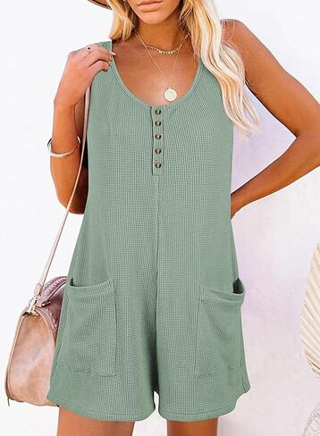AlvaQ Womens Short Jumpsuits Solid Color Summer Casual Waffle Button Front Sleeveless Rompers with Pockets in Kuwait