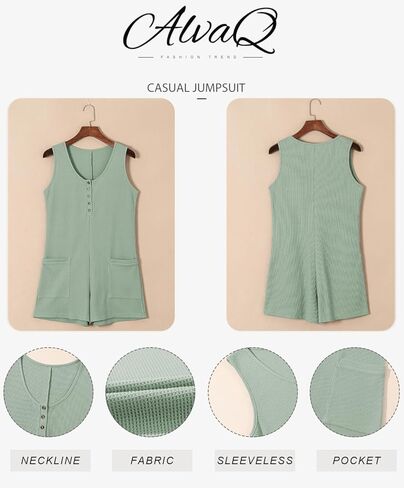 AlvaQ Womens Short Jumpsuits Solid Color Summer Casual Waffle Button Front Sleeveless Rompers with Pockets in Kuwait