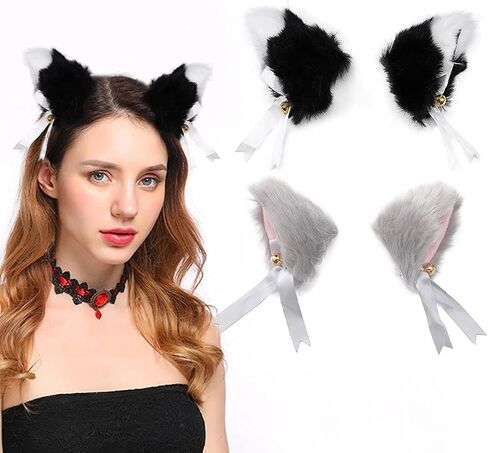 Uranian Cat Ears Hair Clips with Bells Cute Furry Ears Headpieces Halloween Cosplay Headbands for Women and Girls (Pack of 2) in Kuwait
