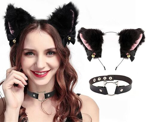 Uranian Cat Ears Headband with Choker Necklace Faux Fur Headbands Neko Anime Cosplay Halloween Hair Accessories for Women in Kuwait