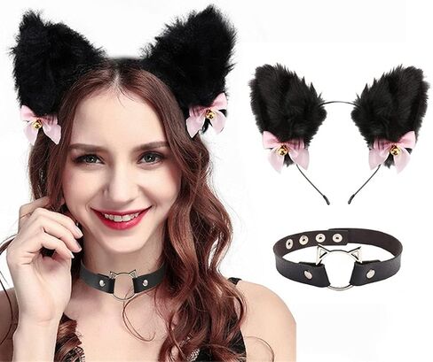 عصابة رأس على شكل آذان القط من أورانيان مع قلادة على شكل قلادة من الفرو الصناعي من Neko Anime Cosplay إكسسوارات شعر الهالوين للنساء in Saudi Arabia