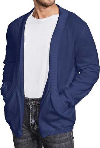 سترة صوفية متماسكة بأكمام طويلة وياقة شال للرجال مفتوحة من الأمام مع جيوب in Kuwait