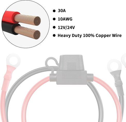 كابل تعزيز بطارية طرفية على شكل حلقة O YACSEJAO 10AWG 0.32 بوصة/8.4 مم سلك تعزيز عالي التحمل مع مصهر 30 أمبير (3FT) in Saudi Arabia