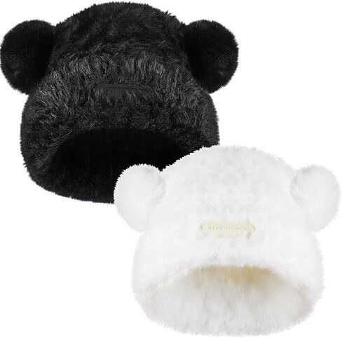 Hicarer 2 Pcs Cute Fuzzy Bear Ear Beanie Hats Women Warm Plush Knitted Hat Soft Winter Faux Fur Animal Knitted Hat Skull Caps for Adults, Black and White in Saudi Arabia