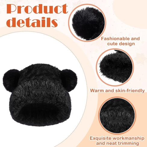 Hicarer 2 Pcs Cute Fuzzy Bear Ear Beanie Hats Women Warm Plush Knitted Hat Soft Winter Faux Fur Animal Knitted Hat Skull Caps for Adults, Black and White in Saudi Arabia
