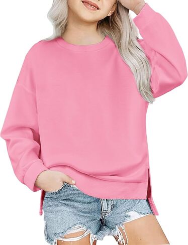Arshiner Girls Crewneck Sweatshirt Long Sleeve Pullover Tops Drop Shoulder Sweatshirts Side Split for 5-14 Years in Kuwait