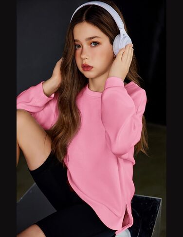 Arshiner Girls Crewneck Sweatshirt Long Sleeve Pullover Tops Drop Shoulder Sweatshirts Side Split for 5-14 Years in Kuwait