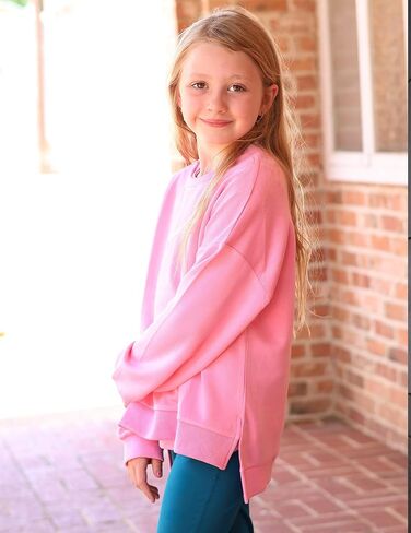 Arshiner Girls Crewneck Sweatshirt Long Sleeve Pullover Tops Drop Shoulder Sweatshirts Side Split for 5-14 Years in Kuwait
