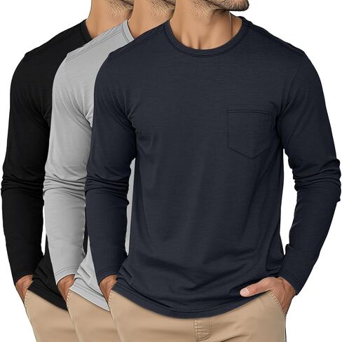 Ficerd 3 Pack Men's Long Sleeve Tshirts, Crew Neck Regular Fit Tops Knitted Shirts with Pocket Casual Athletic Breathable Tee in Kuwait