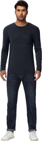 Ficerd 3 Pack Men's Long Sleeve Tshirts, Crew Neck Regular Fit Tops Knitted Shirts with Pocket Casual Athletic Breathable Tee in Kuwait