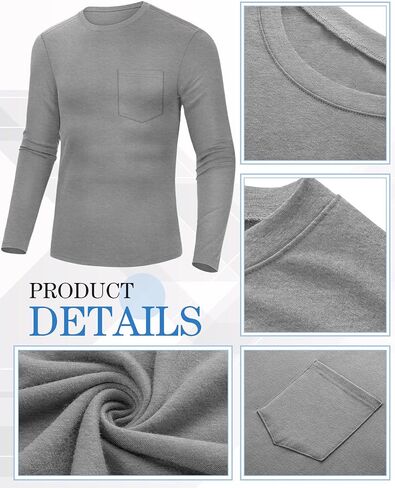 Ficerd 3 Pack Men's Long Sleeve Tshirts, Crew Neck Regular Fit Tops Knitted Shirts with Pocket Casual Athletic Breathable Tee in Kuwait