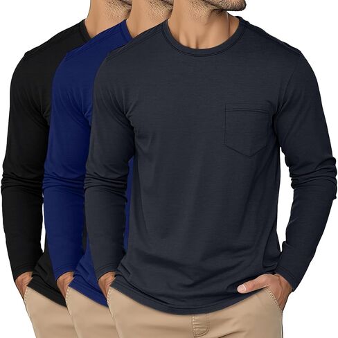 Ficerd 3 Pack Men's Long Sleeve Tshirts, Crew Neck Regular Fit Tops Knitted Shirts with Pocket Casual Athletic Breathable Tee in Kuwait