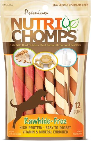 NutriChomps Dog Chews, 5-inch Twists, Easy to Digest, Rawhide-Free Dog Treats, 15 Count, Real Chicken, Peanut Butter and Milk Flavors, Bundle of 2, Brown, red, Cream (NT051V-2) in Saudi Arabia