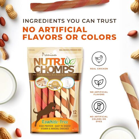NutriChomps Dog Chews, 5-inch Twists, Easy to Digest, Rawhide-Free Dog Treats, 15 Count, Real Chicken, Peanut Butter and Milk Flavors, Bundle of 2, Brown, red, Cream (NT051V-2) in Saudi Arabia