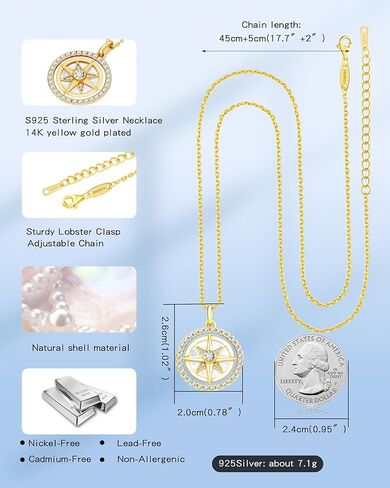 Gold Compass Necklace for Women - Graduation Gifts for Her 2024, Anniversary to My Wife Necklace, Sterling Silver Necklaces Jewelry 14K Yellow Gold, Birthday Gifts for Girlfriend in Saudi Arabia