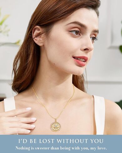 Gold Compass Necklace for Women - Graduation Gifts for Her 2024, Anniversary to My Wife Necklace, Sterling Silver Necklaces Jewelry 14K Yellow Gold, Birthday Gifts for Girlfriend in Saudi Arabia