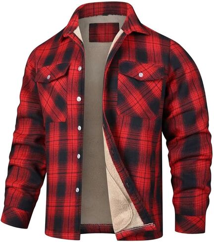 INVACHI Men's Plaid Shirt Jacket Flannel Sherpa Lined Jacket Mens Casual Cotton Lightweight Jacket in Saudi Arabia
