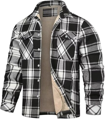 INVACHI Men's Plaid Shirt Jacket Flannel Sherpa Lined Jacket Mens Casual Cotton Lightweight Jacket in Kuwait