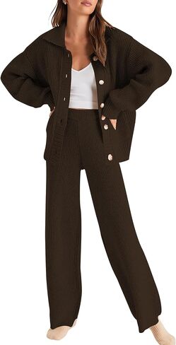 Cakulo المرأة 2024 صالة مجموعات 2 قطعة وتتسابق الخريف زر سترة مطابقة مجموعة واسعة الساق المتسكعون Sweatsuits in Kuwait
