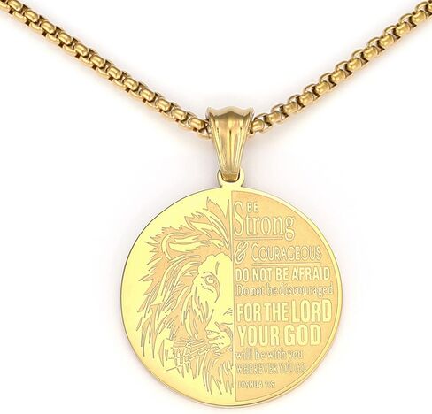 غطاء الكتاب المقدس Be Strong Lion - Joshua 1:9، قلادة من الفولاذ المقاوم للصدأ محفورة باللغة الإنجليزية لوردات الكتاب المقدس in Saudi Arabia