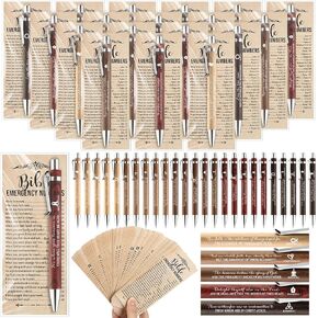 25 Sets Christian Gifts Bulk Bible Verse Bamboo Pens Religious Ballpoint Pens with Emergency Numbers Bookmarks Gospel Tracts Church Sunday School Gift for Teacher Students Employee