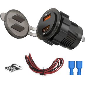 Dual QC3.0 USB Charger Socket, 36W Waterproof Quick Charge 3.0 Power Outlet Adapter for 12V/24V Car Boat Marine Motorcycle ATV RV Campers Tractors Truck Golf-Cart
