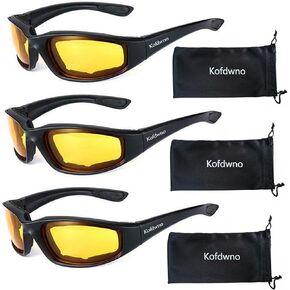 3 Pairs Driving Motorcycle Riding Glasses Foam Padded Eyewear Motocross Eyeglasses UV Protection Anti-Wind Dustproof Goggles Motorcycle Sunglasses for Outdoor Activities Sports (Yellow Lens)