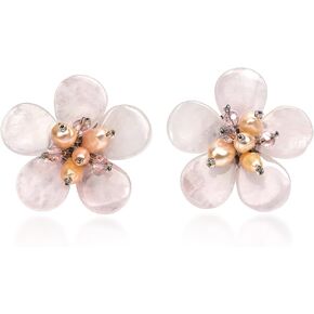 Romantic Tropics Pink Glass & Cultured Freshwater Pearl Flower Clip-On Earrings | Elegant Floral Statement Jewelry for Women | Tropical-Inspired Design